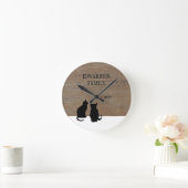 黒モダン猫シルエット木家名 ラウンド壁時計 (ホーム)