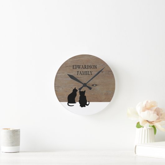 黒モダン猫シルエット木家名 ラウンド壁時計 (ホーム)
