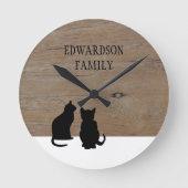 黒モダン猫シルエット木家名 ラウンド壁時計 (正面)