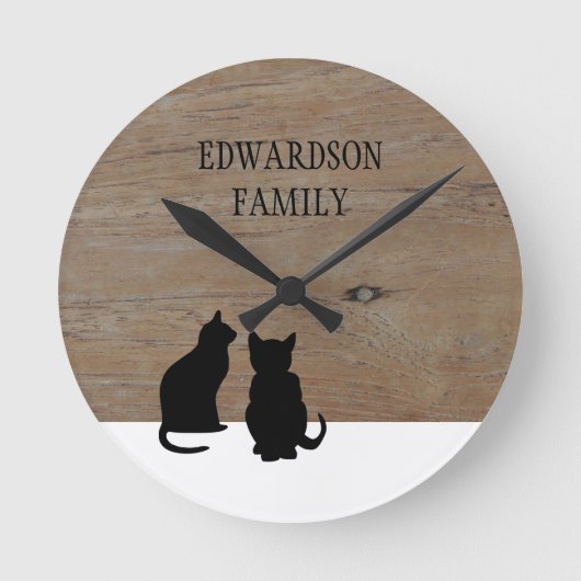 黒モダン猫シルエット木家名 ラウンド壁時計 (正面)
