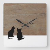 黒モダン猫シルエット，木材のペット スクエア壁時計 (正面)
