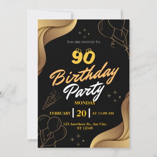 黒モダン球と金ゴールドバルーン90歳の誕生日 招待状 (正面)