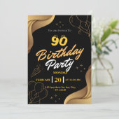 黒モダン球と金ゴールドバルーン90歳の誕生日 招待状 (スタンド正面)