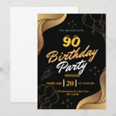 黒モダン球と金ゴールドバルーン90歳の誕生日 招待状 (正面/裏面)