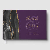 黒モダン瑪瑙金ゴールドスクリプトパープル ゲストブック (正面)