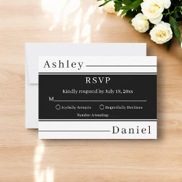 黒モダン白と白のストライプエレガントな結婚式 出欠カード