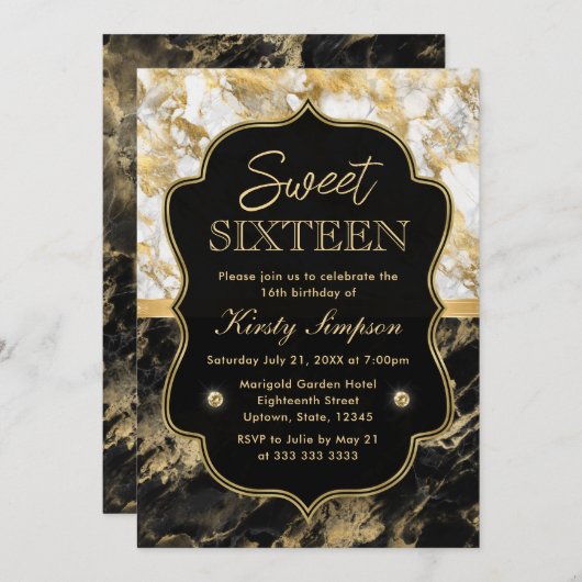 黒モダン白と金ゴールド大理石スウィート16 招待状 (正面/裏面)