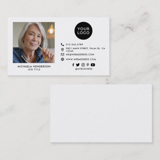 黒モダン白のカスタムロゴ、社交、写真 名刺 (正面/裏面)