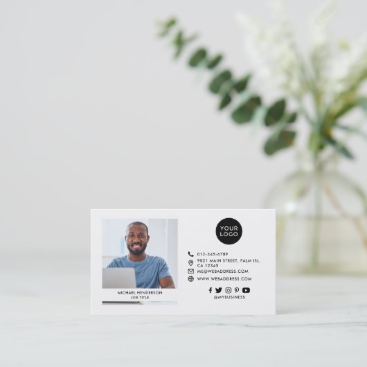 黒モダン白のカスタムロゴ、社交、写真 名刺 (スタンド正面)