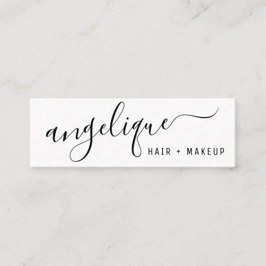 黒モダン白のスクリプトのメイクアップ髪のトレンディー スキニー名刺 (正面)