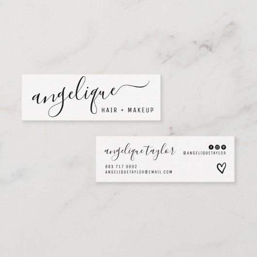 黒モダン白のスクリプトのメイクアップ髪のトレンディー スキニー名刺 (正面/裏面)