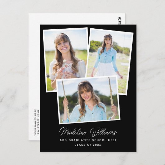 黒モダン白のスクリプ数々のト写真卒業 ポストカード (正面/裏面)