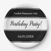 黒モダン白のストライプ誕生日 ペーパープレート (正面)