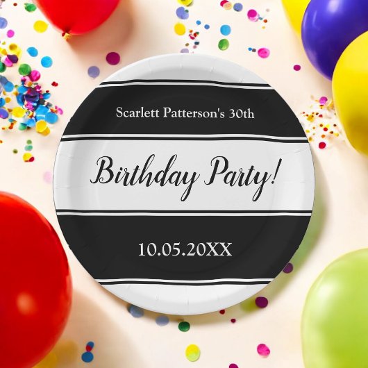 黒モダン白のストライプ誕生日 ペーパープレート