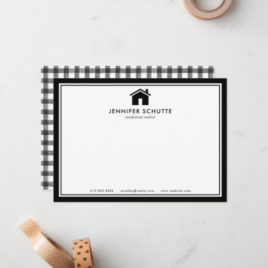 黒モダン白のプレイドパーソナライズされた不動産仲介業者 ノートカード (正面/裏面インサイチュ)