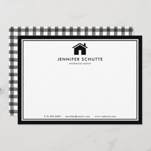 黒モダン白のプレイドパーソナライズされた不動産仲介業者 ノートカード (正面/裏面)