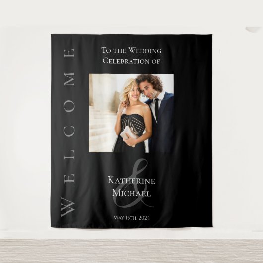 黒モダン白の写真結婚の –  タペストリー (正面)
