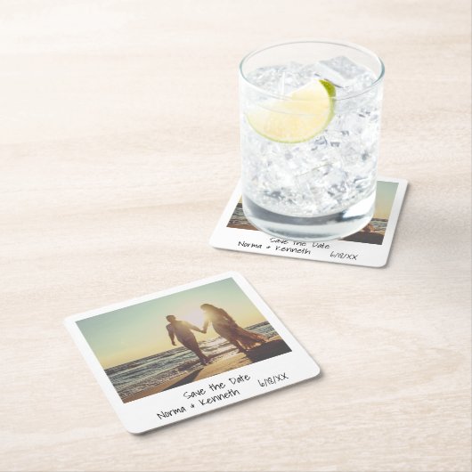 黒モダン白の写真結婚式の日付を保存 スクエアペーパーコースター (インサイチュ)