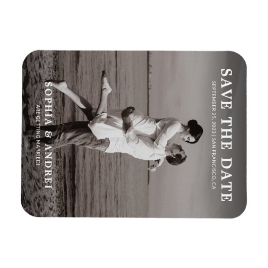 黒モダン白の写真結婚式の日付を保存 マグネット (横)