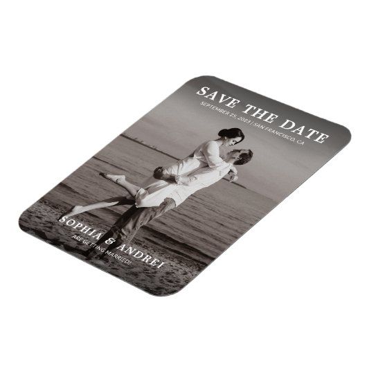 黒モダン白の写真結婚式の日付を保存 マグネット (左側)
