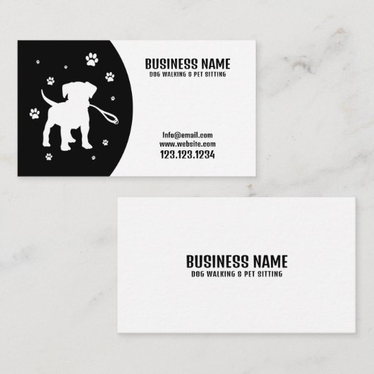 黒モダン白の子犬シルエットドッグ歩く 名刺 (正面/裏面)