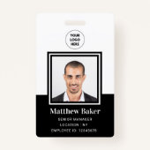 黒モダン白の従業員の写真名タグ バッジ (正面)