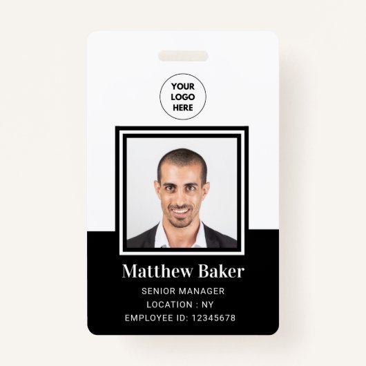黒モダン白の従業員の写真名タグ バッジ (正面)