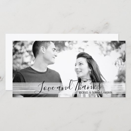 黒モダン白の愛と感謝していフォトカード サンキューカード (正面/裏面)