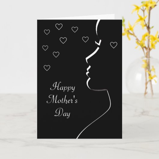 黒モダン白の母の日のシルエット カード (黄色い花)
