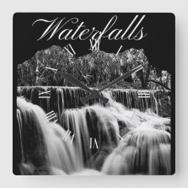 黒モダン白の滝写真 スクエア壁時計