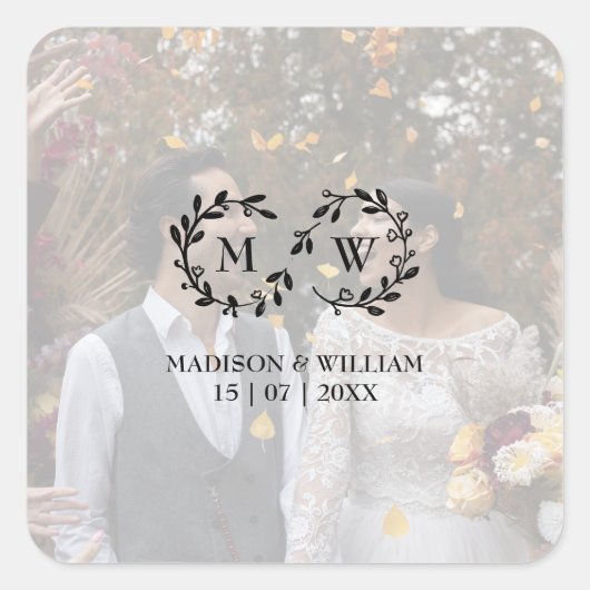 黒モダン白の結婚写真 スクエアシール (正面)