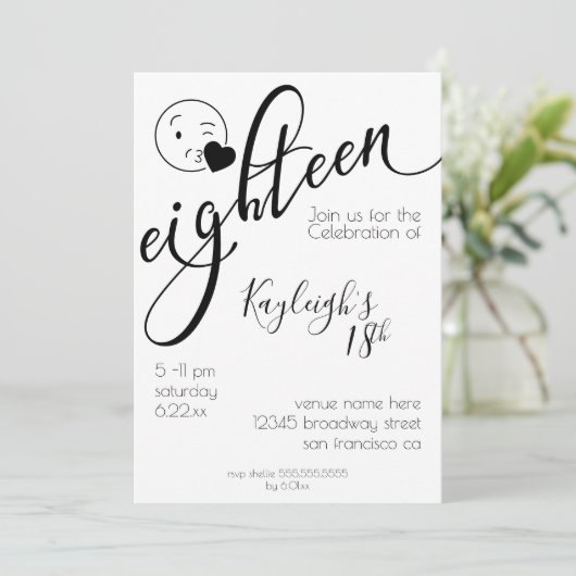 黒モダン白の絵文字18誕生日 招待状 (スタンド正面)
