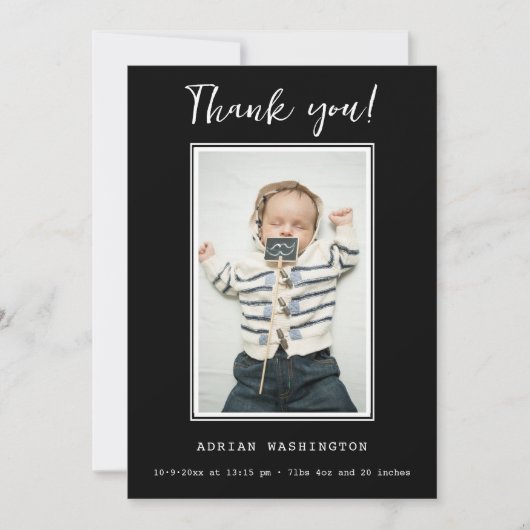 黒モダン白の赤ちゃんシャワー写真 サンキューカード (正面)