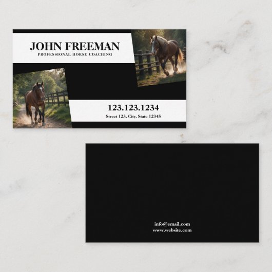 黒モダン白の馬の写真ウマ科の 名刺 (正面/裏面)