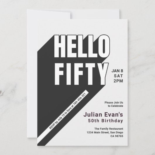 黒モダン白はっきりしたタイポグラフィ50誕生日 招待状 (正面)