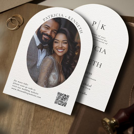 黒モダン白アルチ結婚のフォトモノグラム 招待状