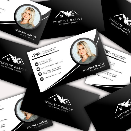 黒モダン白エステート実在エージェント写真 名刺