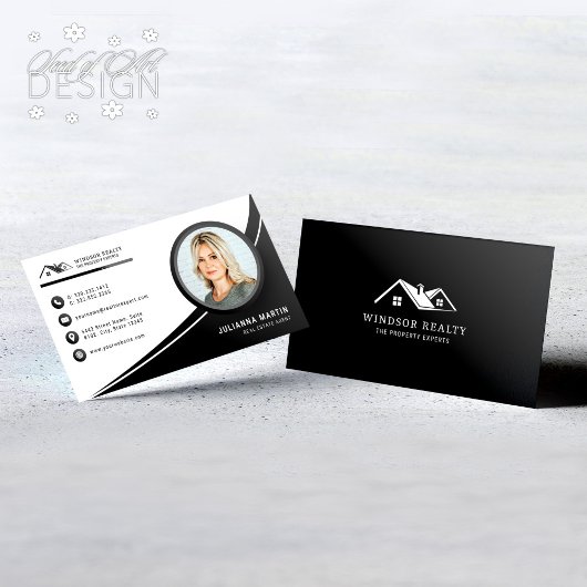 黒モダン白エステート実在エージェント写真 名刺