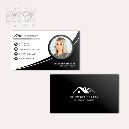 黒モダン白エステート実在エージェント写真 名刺