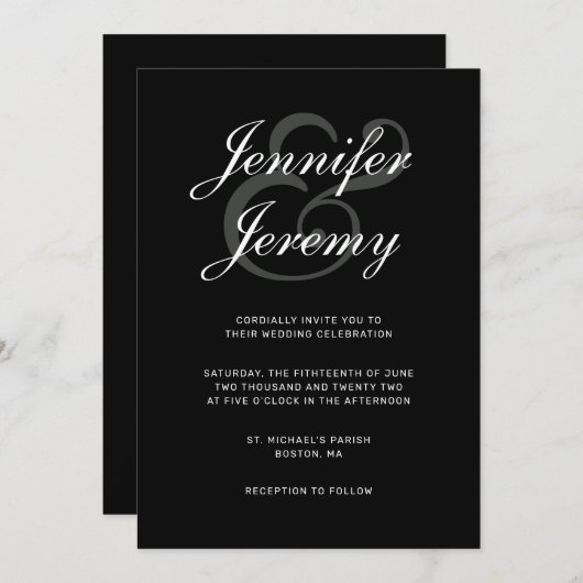 黒モダン白エレガント灰色のスクリプトをすべて1つ 招待状 (正面/裏面)