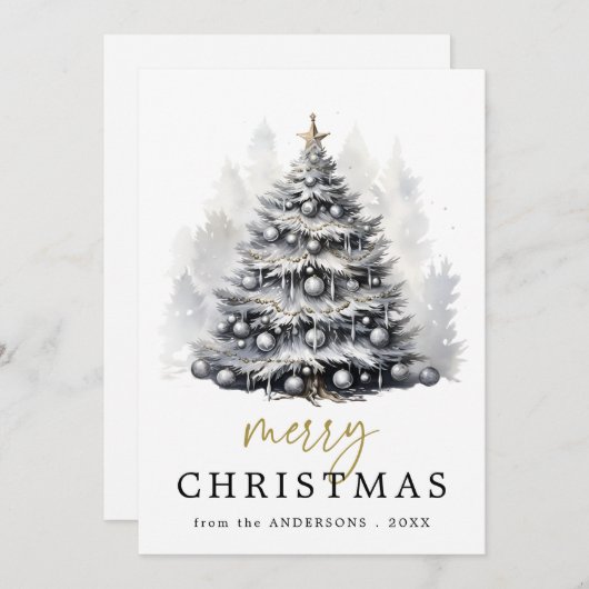黒モダン白クリスマスツリーパーティー シーズンカード (正面/裏面)