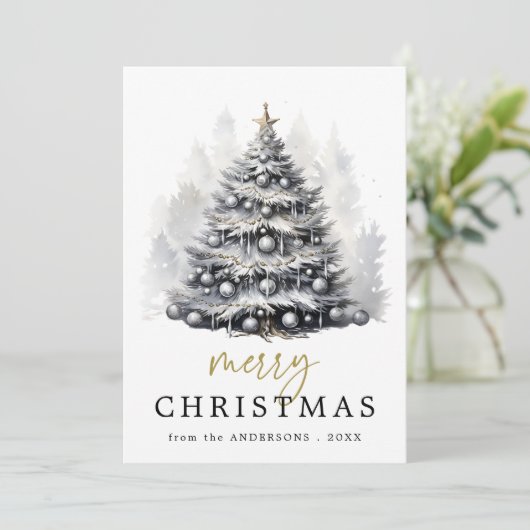 黒モダン白クリスマスツリーパーティー シーズンカード (スタンド正面)