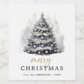 黒モダン白クリスマスツリーパーティー ワインラベル (シングルラベル)