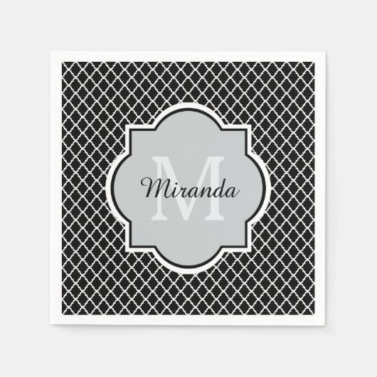 黒モダン白クローバーモノグラムの名 スタンダードカクテルナプキン (正面)