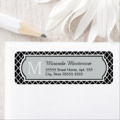 黒モダン白クローバーモノグラムの名 ラベル (インサイチュ)