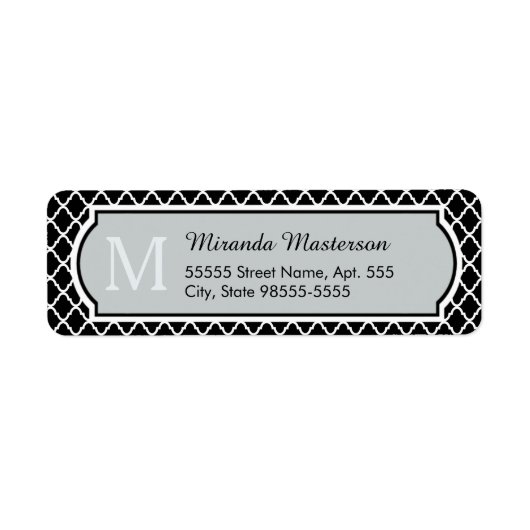 黒モダン白クローバーモノグラムの名 ラベル (正面)