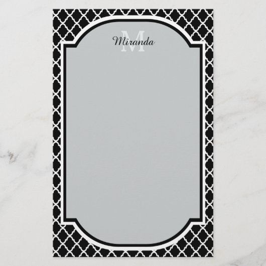 黒モダン白クローバーモノグラムの名 便箋 (正面)