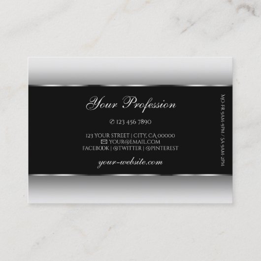 黒モダン白グラディエント銀の楕円フレーム 名刺 (裏面)