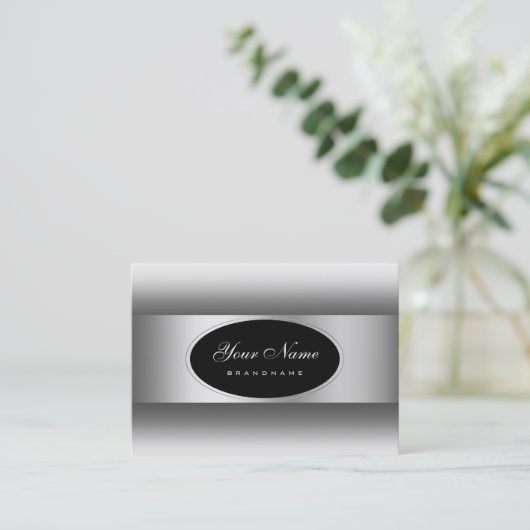 黒モダン白グラディエント銀の楕円フレーム 名刺 (スタンド正面)