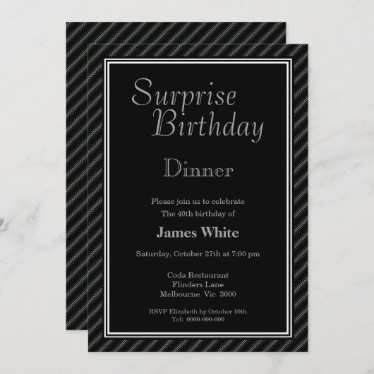黒モダン白サプライズ40th誕生日ディナー 招待状 (正面/裏面)